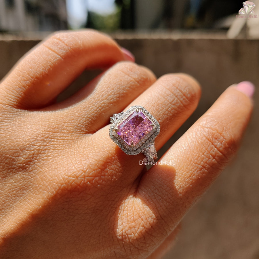 Pink Radiant Cut CZ Stone Halo Ring, Color Stone Engagement Ring