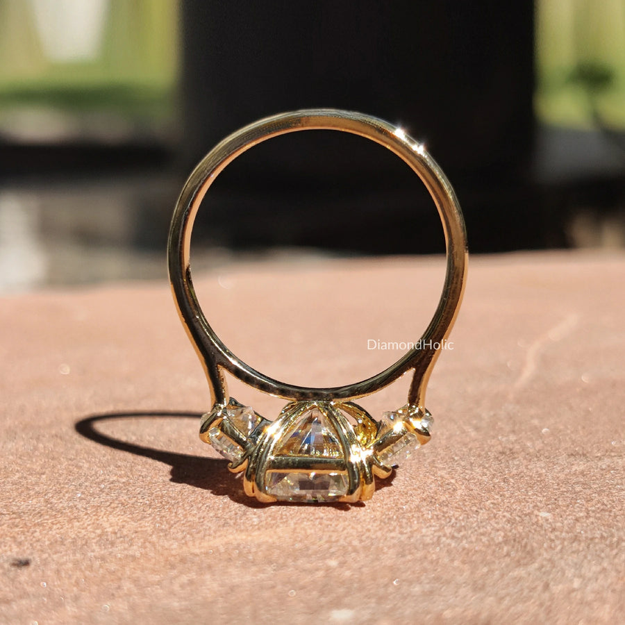 Radiant Cut with Half Moon Side Stone Moissanite Ring – Three-Stone