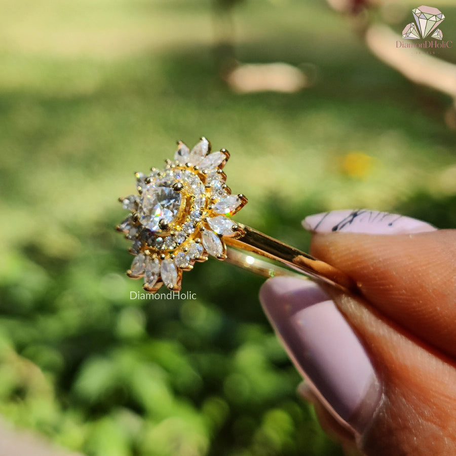 botanical design ring | flower halo diamond ring | moissanite bloom ring
