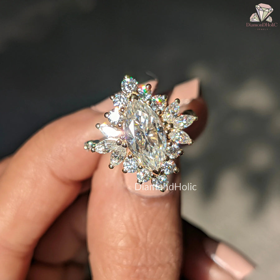 Vintage-Inspired Marquise Ring, Brilliant Cut Moissanite Jewelry, Perfect Engagement Gift, Custom Moissanite Ring Design, Sparkling Halo Moissanite, Beautiful Designer Ring for Her, Handmade