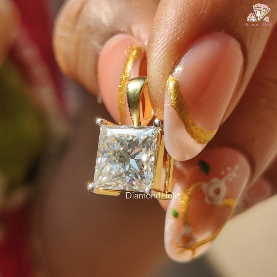 modern diamond pendant | moissanite drop charm | square solitaire piece
