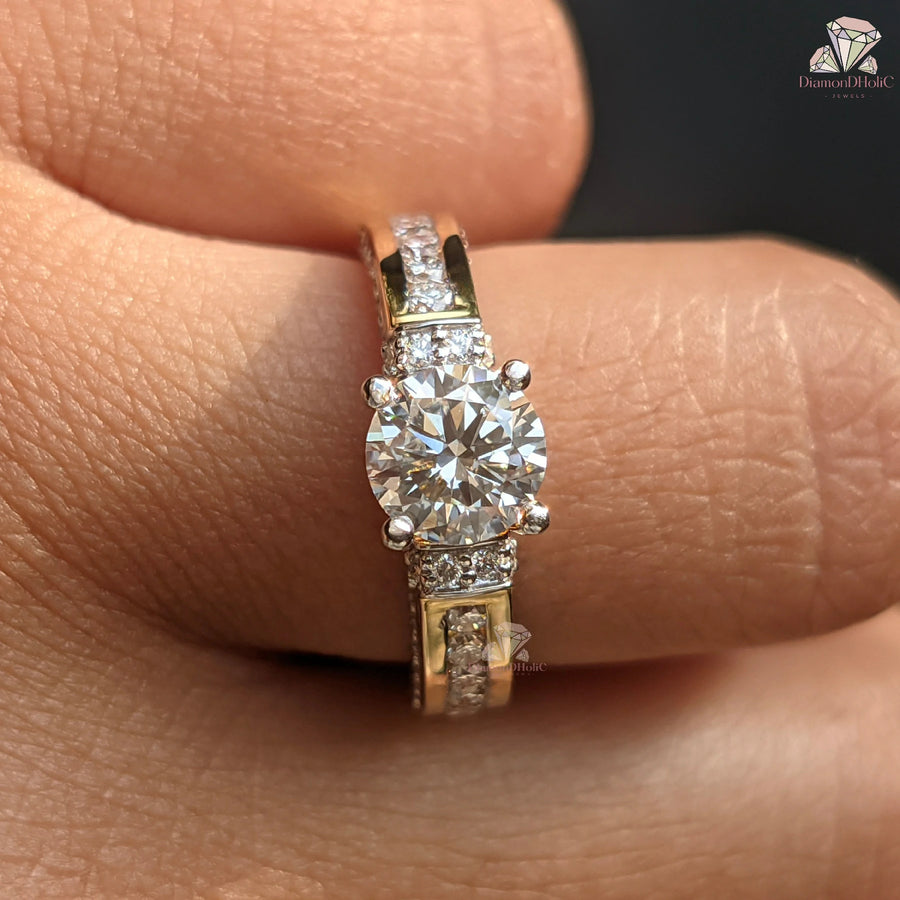 Round Cut Lab Grown Diamond Channel Setting Pave Engagement Ring