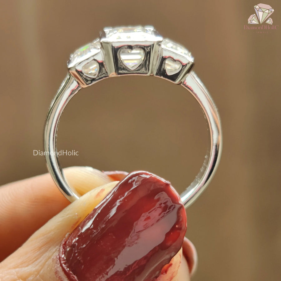 Emerald Cut Moissanite Three Stone Ring - Elegant Bezel Diamond Setting