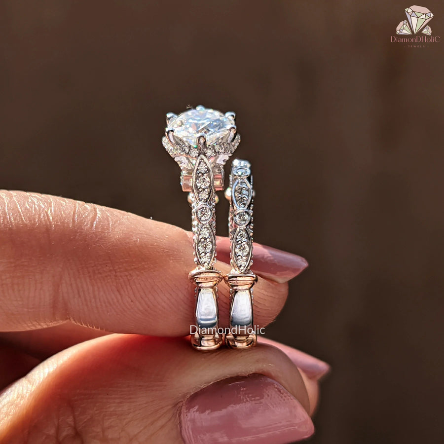 Stunning Moissanite Diamond Band | Unique Vintage Wedding Jewelry | Affordable Moissanite Bridal Set |