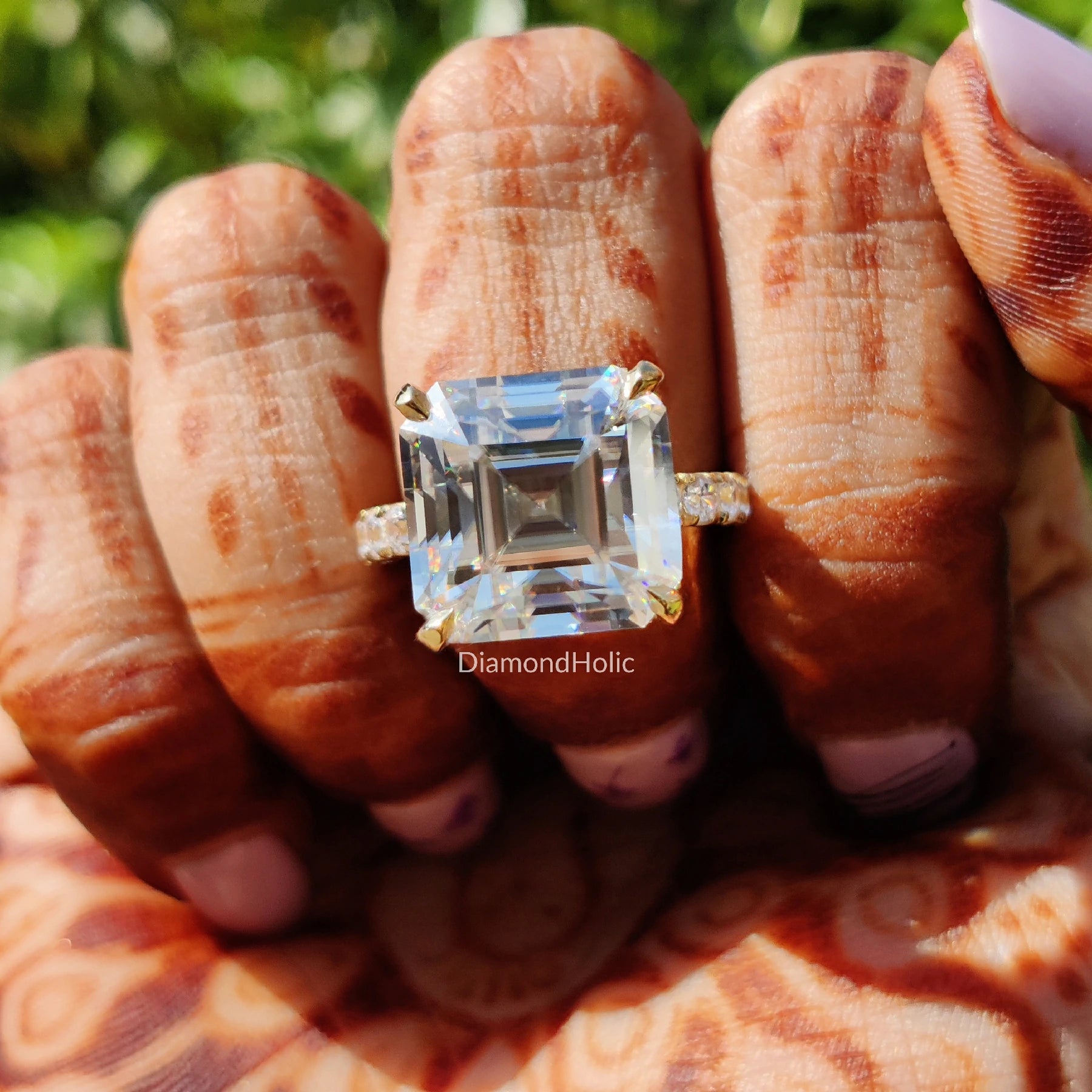yellow gold asscher ring | moissanite asscher halo | hidden halo moissanite ring
