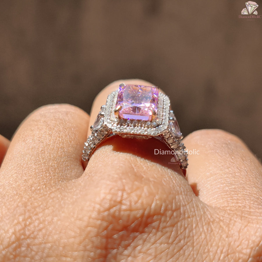 Pink Radiant Cut CZ Stone Halo Ring, Color Stone Engagement Ring