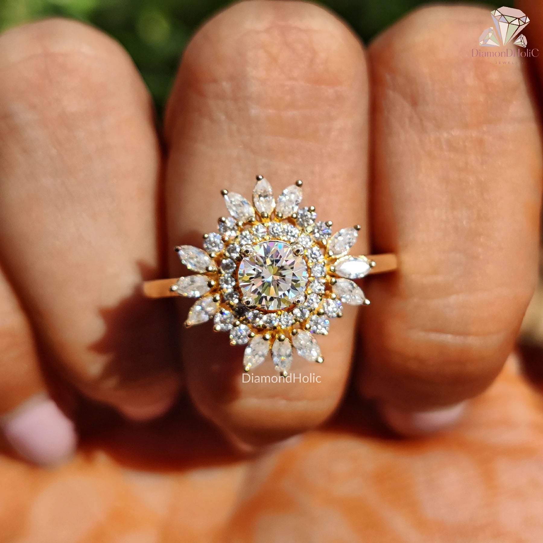 moissanite sunflower ring | floral halo engagement ring | flower moissanite ring
