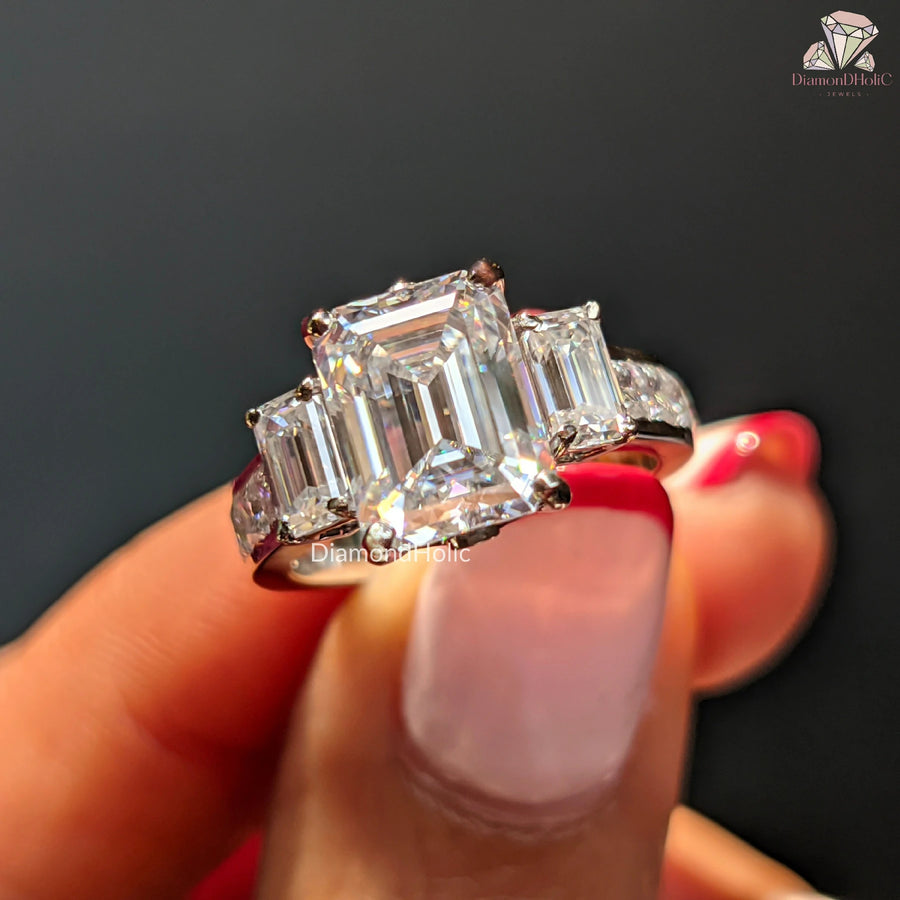 Emerald Cut Moissanite Three Stone Baguette Side Stones with Channel Set  Engagement Ring