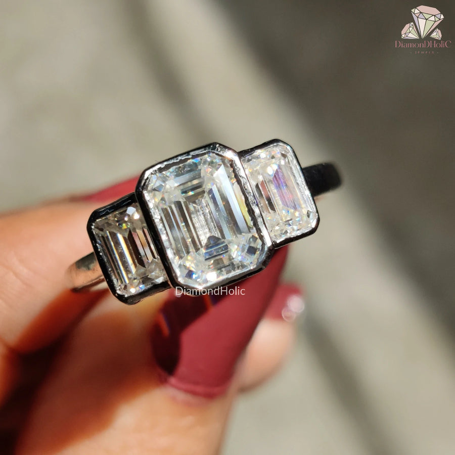 Emerald Cut Moissanite Three Stone Ring - Elegant Bezel Diamond Setting