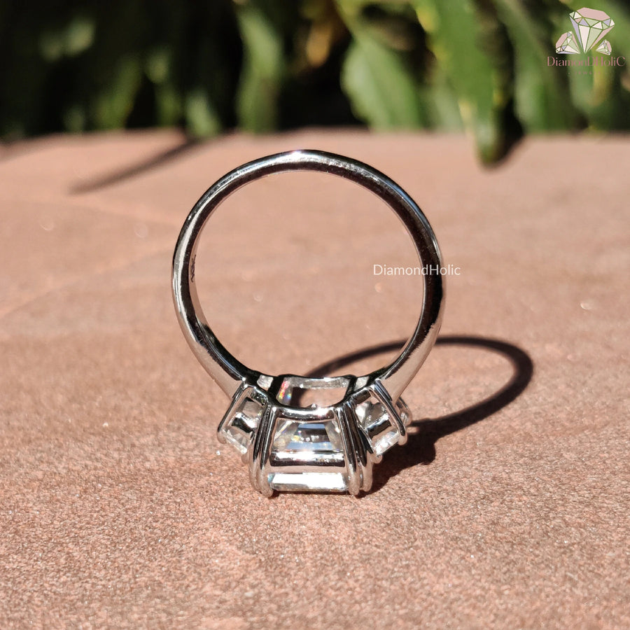 bold moissanite ring | modern engagement ring | moissanite with baguettes
