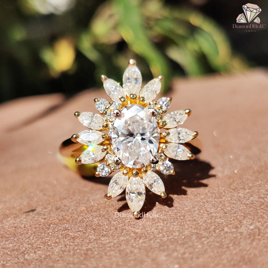 Oval Cut Starburst Halo Moissanite Solitaire Ring – Unique