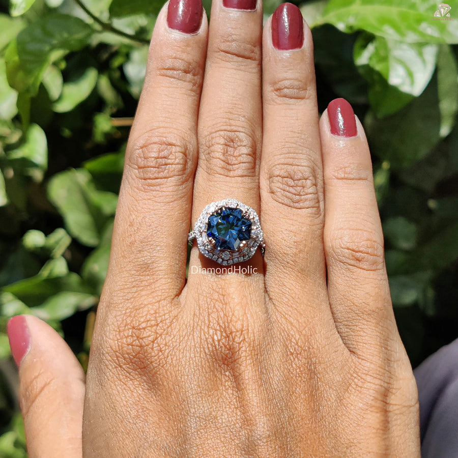 Royal Blue Engagement Ring | Octa Cut Sparkle | Halo Setting Style

