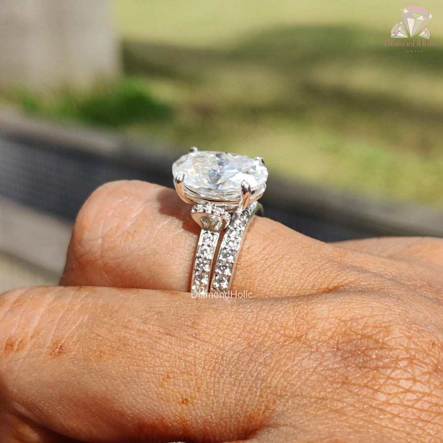 oval cut moissanite | lab diamond ring | moissanite with pave band
