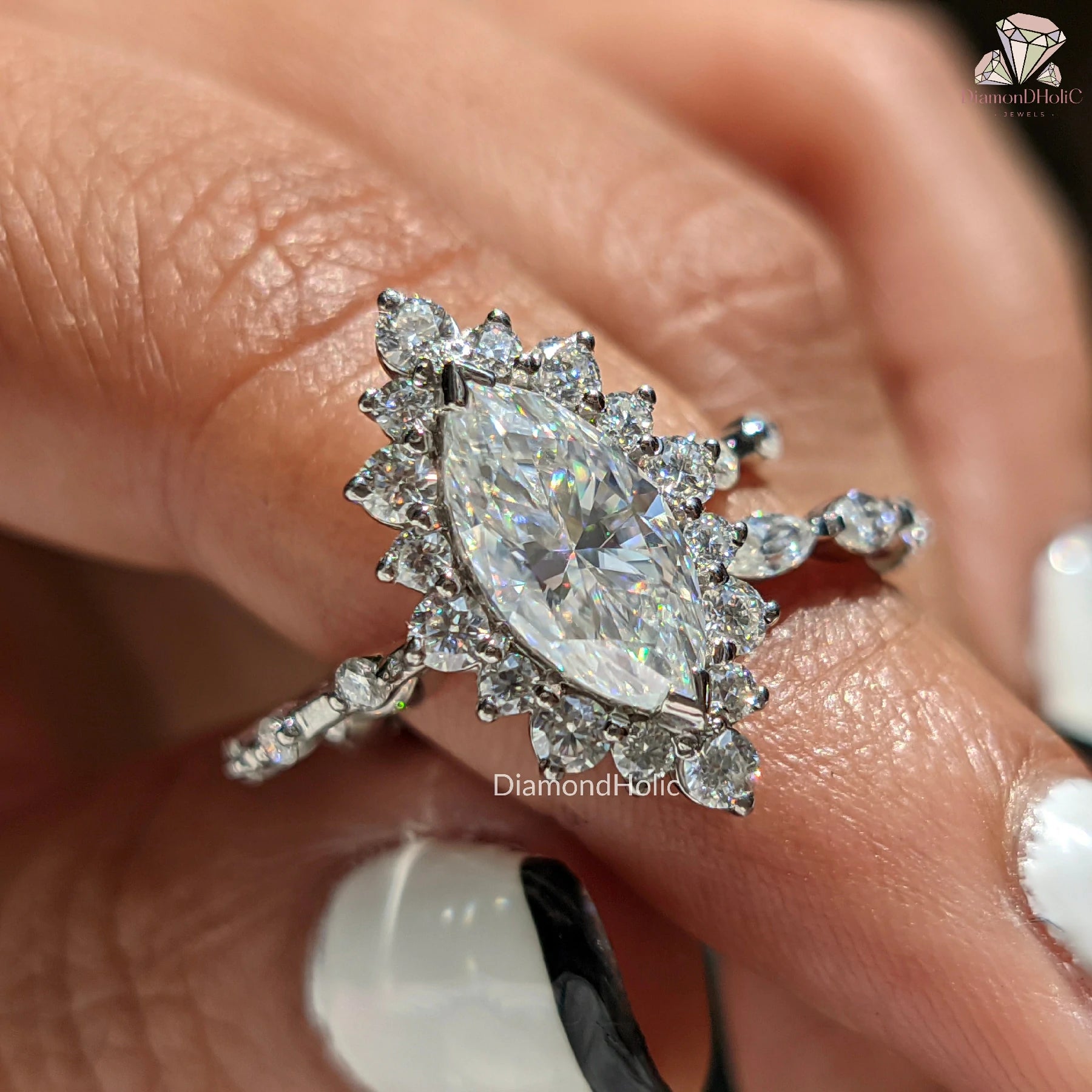 marquise moissanite ring | marquise halo ring | moissanite bridal set
