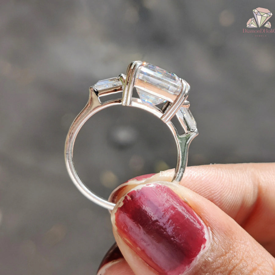 Gift for Her Moissanite Ring | Emerald Baguette Band | Engagement Ring Trio

