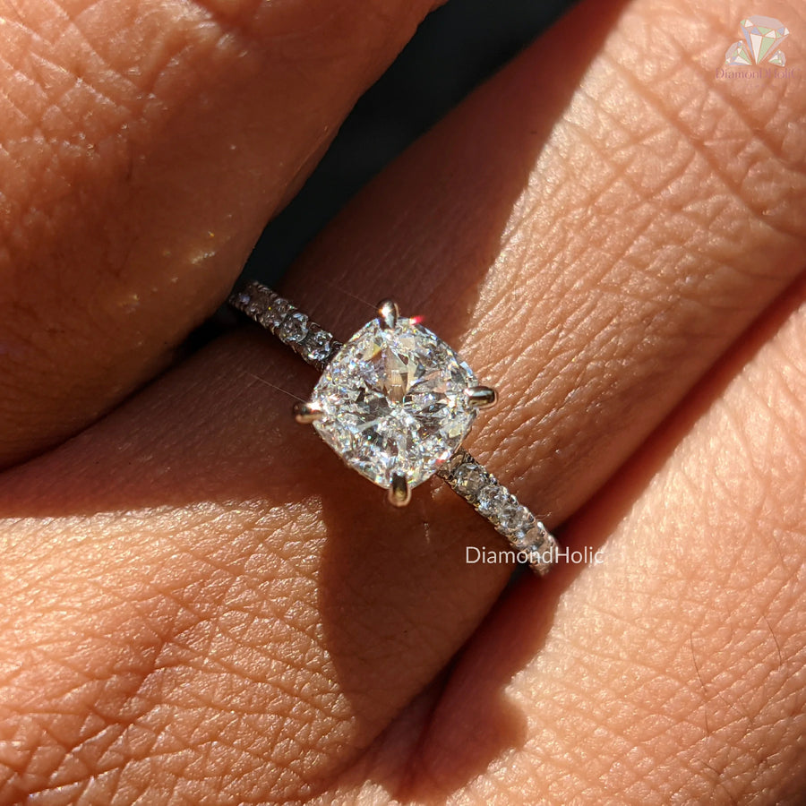 Cushion Cut Lab Grown Diamond Hidden Halo Engagement Ring