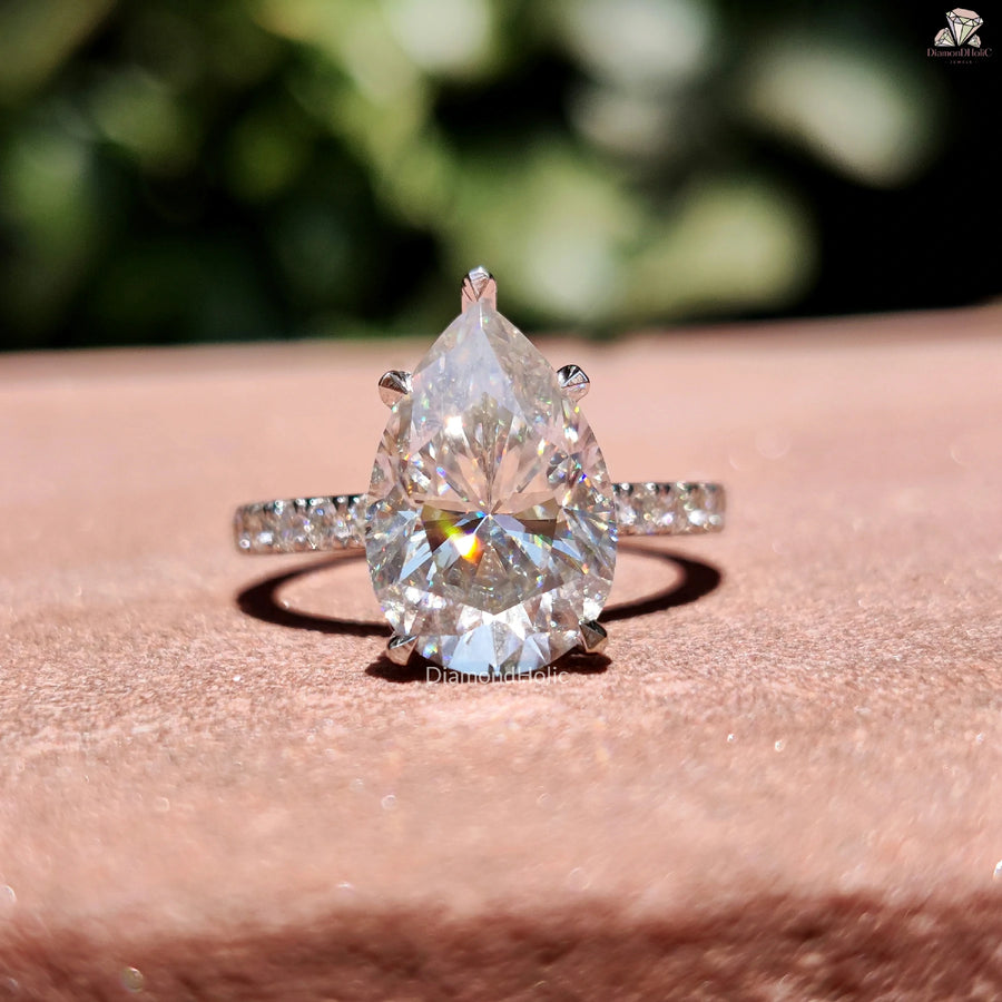 Sparkling Moissanite Ring | Elegant Pear Engagement Ring | Hidden Halo Design

