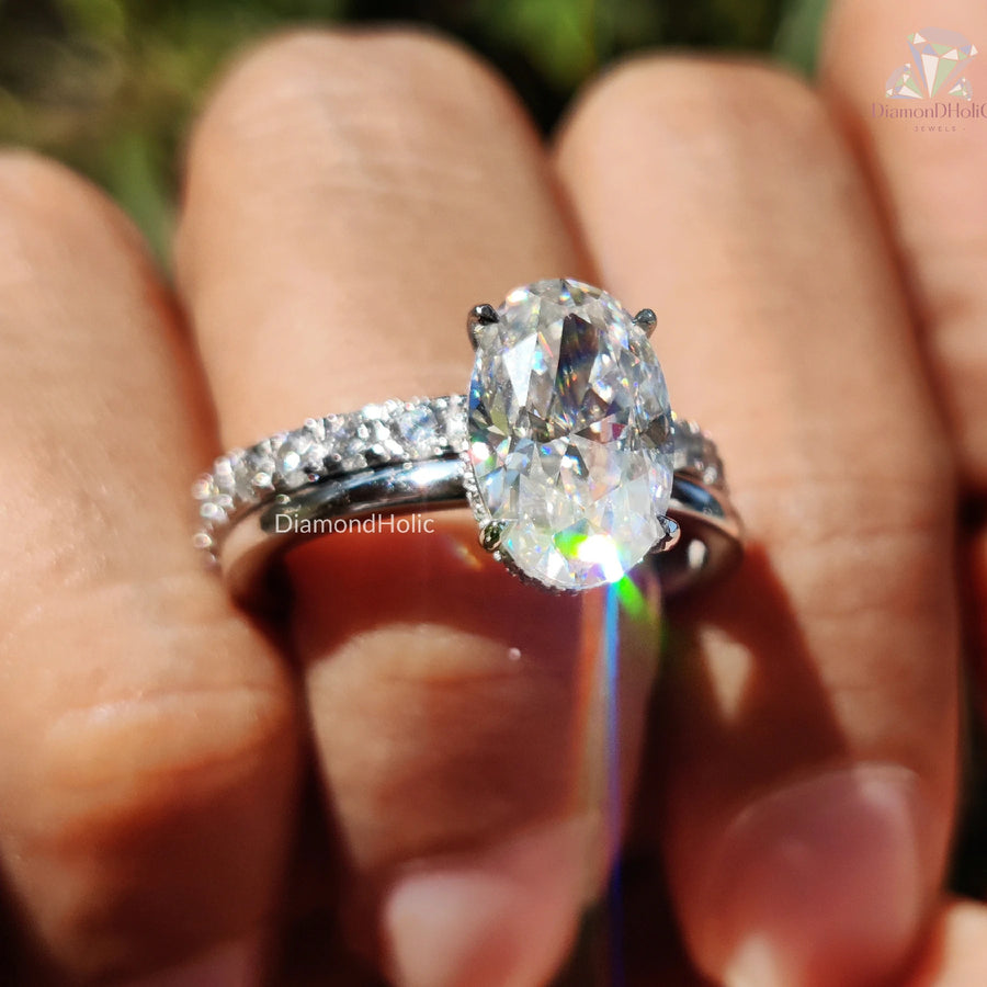 Oval Moissanite Ring | Hidden Halo Sparkle | Full Eternity Band

