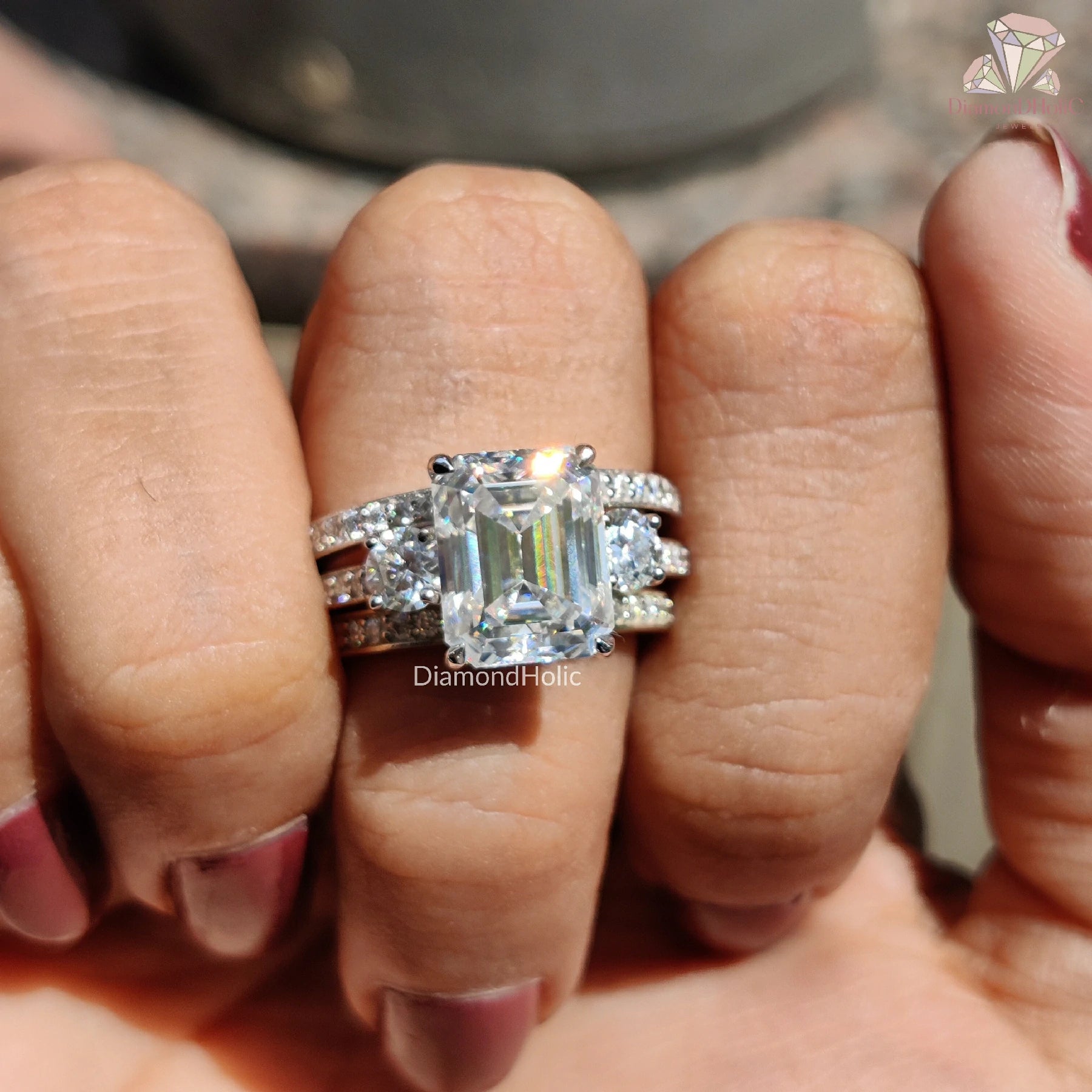  Emerald Cut Bridal Set | Three Stone Wedding Band | Solid Gold Moissanite Set 