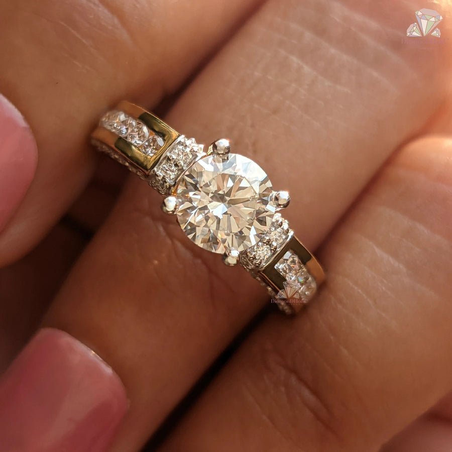 Round Cut Lab Grown Diamond Channel Setting Pave Engagement Ring
