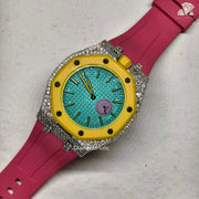 Men’s Iced Out Moissanite Watch Round Face with Two-Men’s Diamond Iced-Out Luxury Watch, Turquoise Textured Dial, Yellow Bezel, Pink Rubber Strap, Custom Hip Hop Statement WatchSteel Design