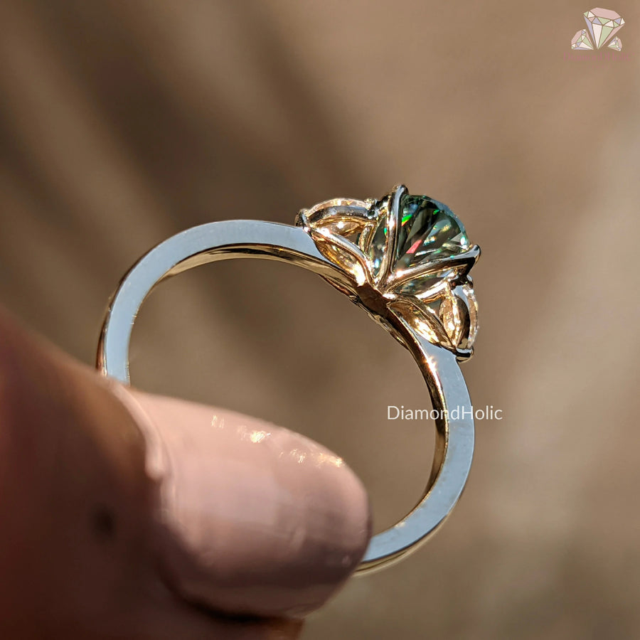 three stone gold ring | colorful moissanite ring | engagement ring with sides
