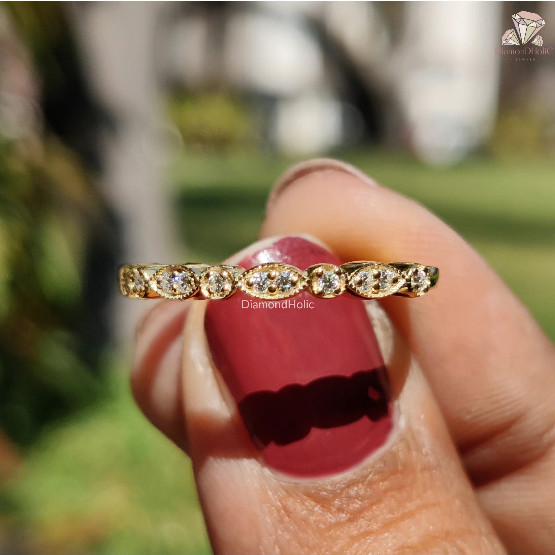 moissanite band ring | yellow gold wedding band | vintage moissanite ring
