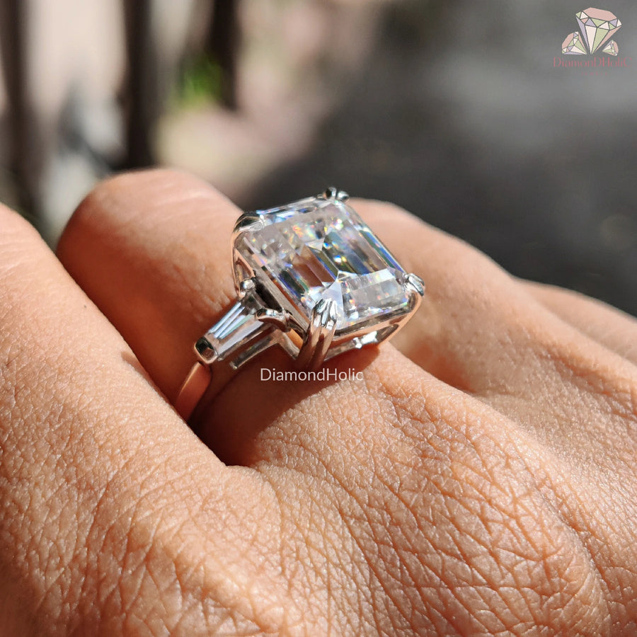 Three Stone Emerald Ring | Moissanite Baguette Sparkle | Romantic Gift Idea

