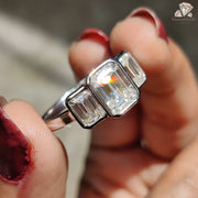 Emerald Cut Moissanite Three Stone Ring - Elegant Bezel Diamond Setting