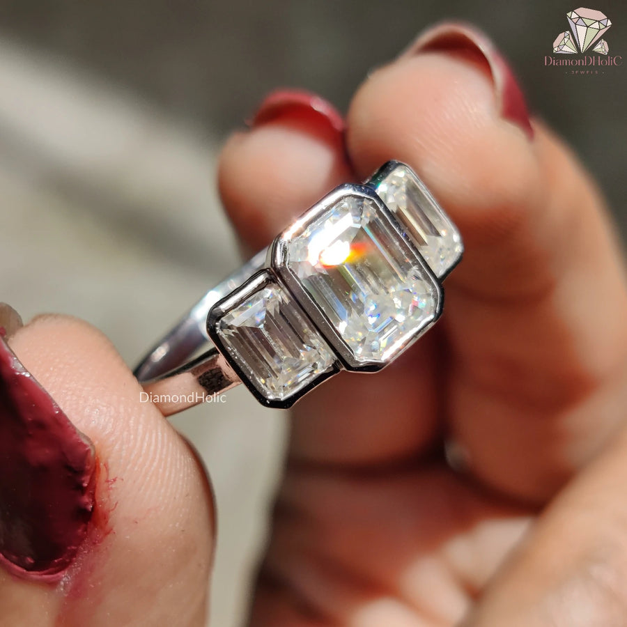 Emerald Cut Moissanite Three Stone Ring - Elegant Bezel Diamond Setting