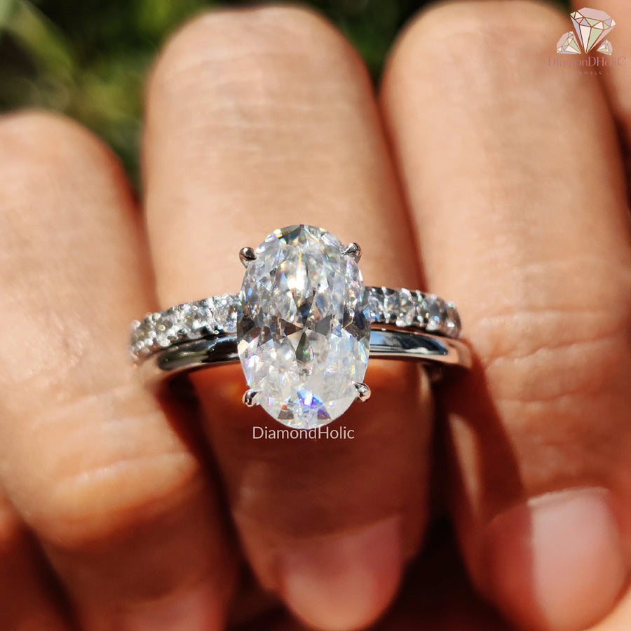 Moissanite Wedding Set | Solitaire Oval Ring | Eternity Band Love

