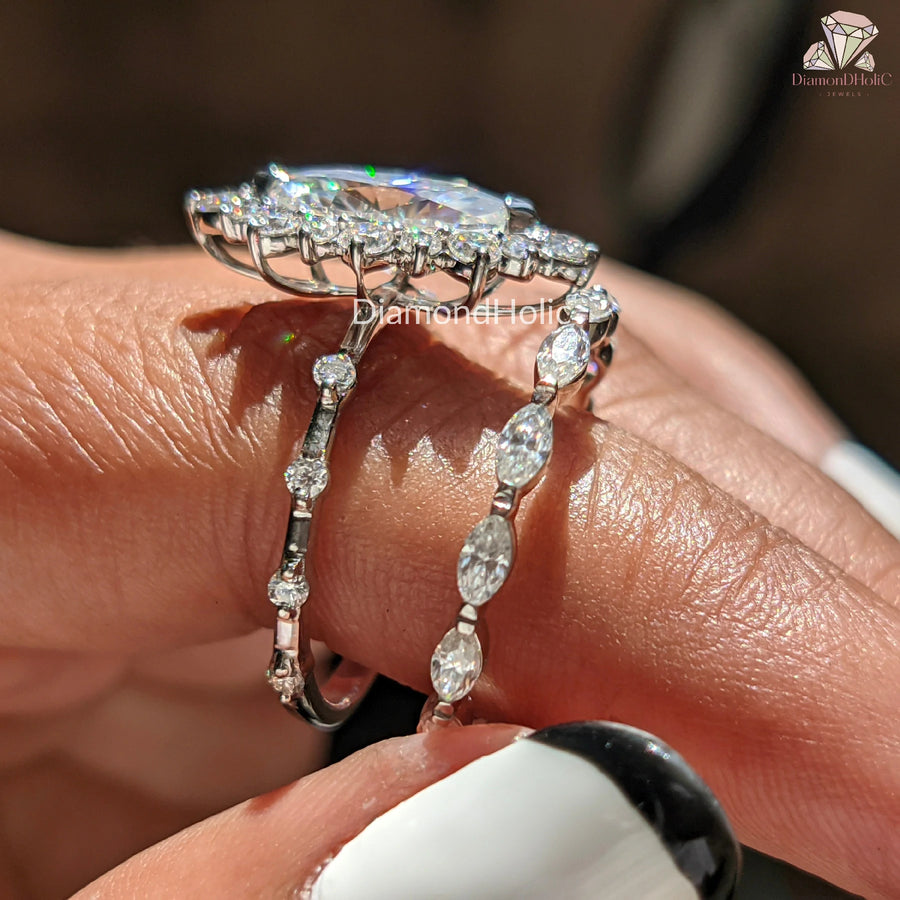 halo marquise band | designer moissanite ring | dainty halo ring
