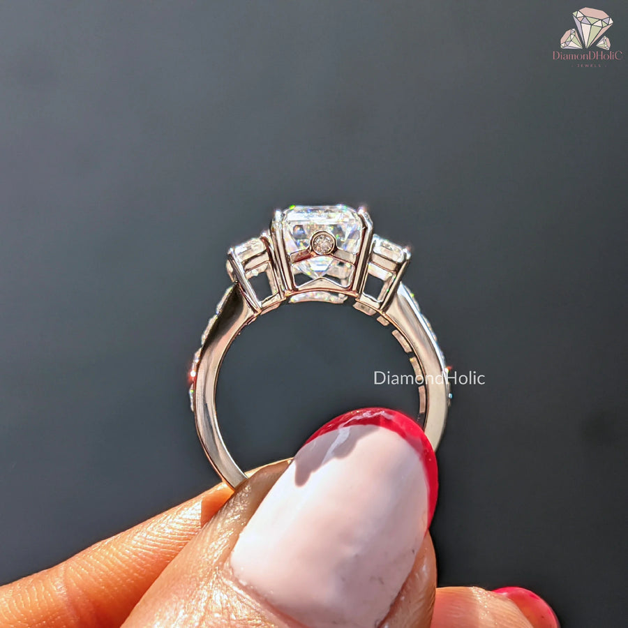 Emerald Cut Moissanite Three Stone Baguette Side Stones with Channel Set  Engagement Ring