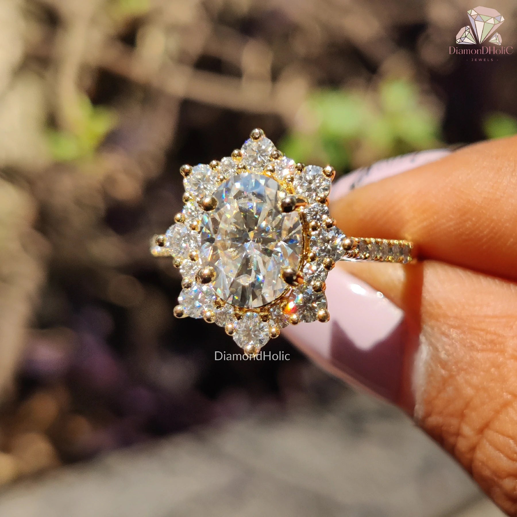 oval moissanite ring | floral halo engagement | yellow gold ring
