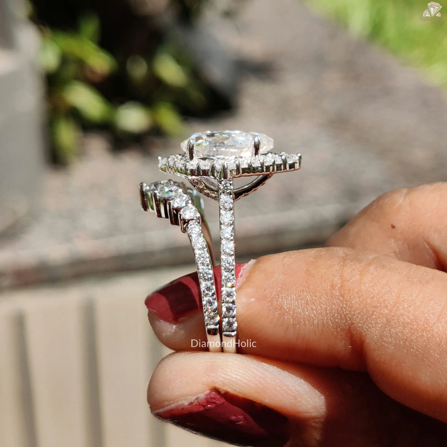 Halo Pave Bridal Set | Pear Moissanite Shine | Engagement Gift

