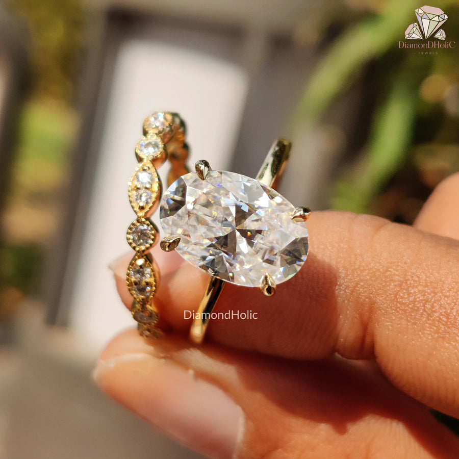 Unique Moissanite Ring | Oval Diamond Bridal | Engagement Set

