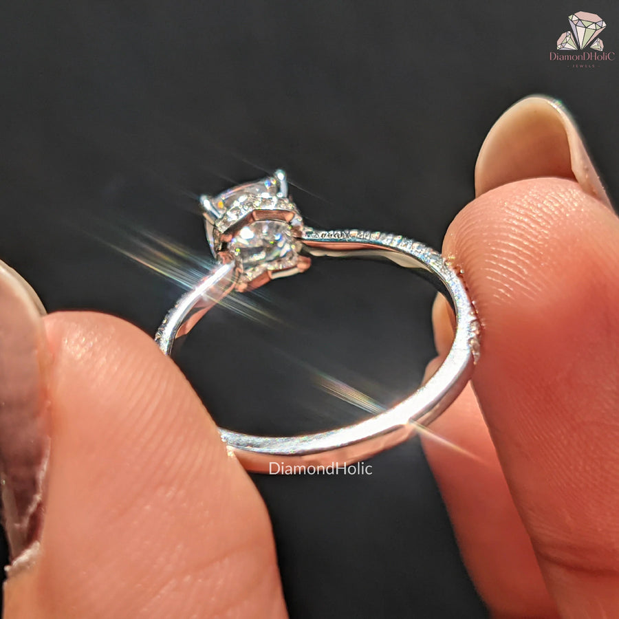 Cushion Cut Lab Grown Diamond Hidden Halo Engagement Ring