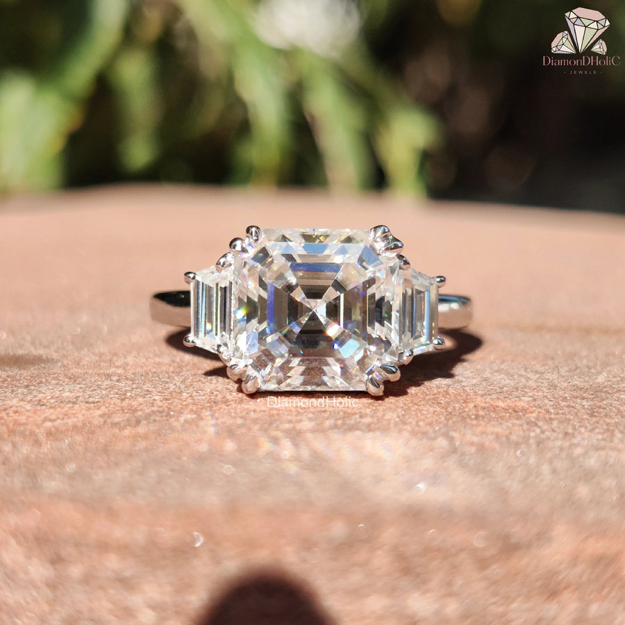 asscher cut moissanite ring | lab grown diamond ring | three stone engagement
