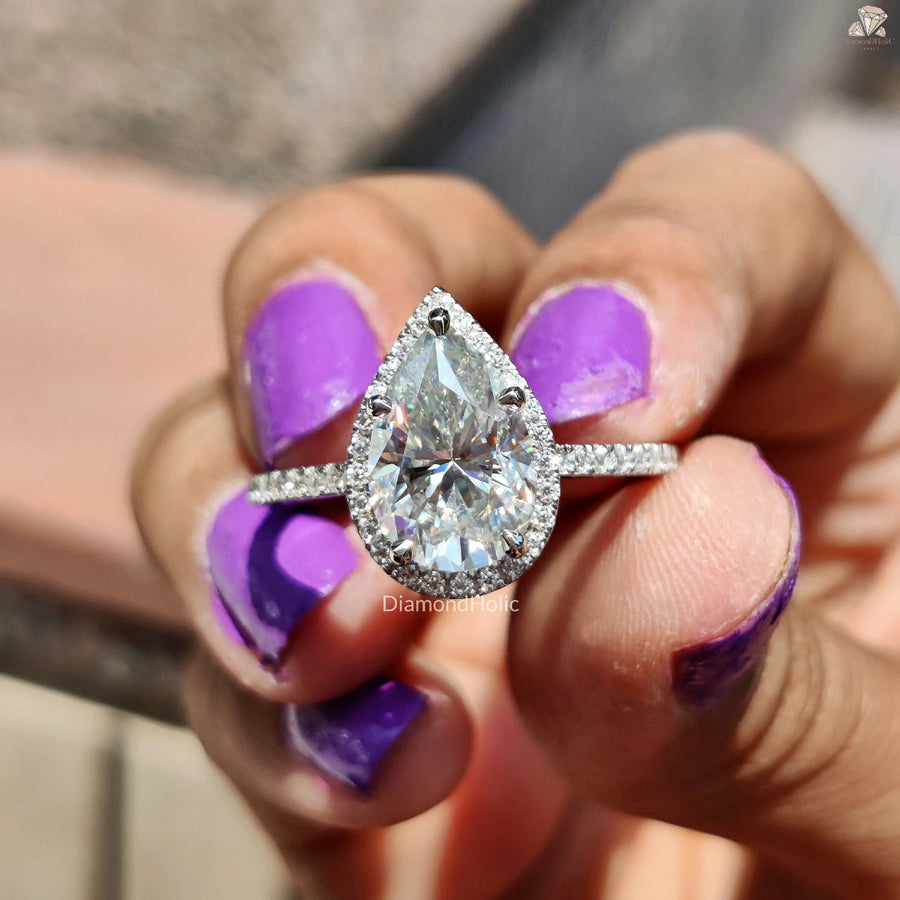 Bridal Pave Moissanite Ring | Pear Halo Band | Wedding Jewelry Gift

