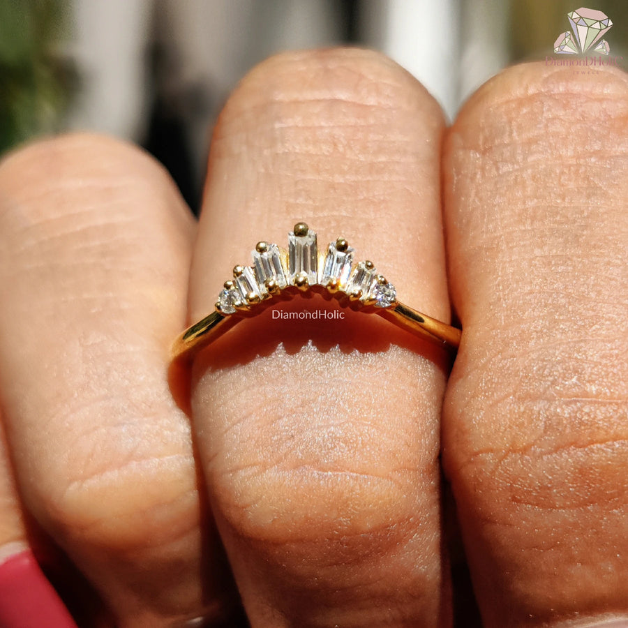 chevron moissanite ring | yellow gold stacking ring | baguette moissanite band
