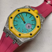Men’s Iced Out Moissanite Watch Round Face with Two-Men’s Diamond Iced-Out Luxury Watch, Turquoise Textured Dial, Yellow Bezel, Pink Rubber Strap, Custom Hip Hop Statement WatchSteel Design