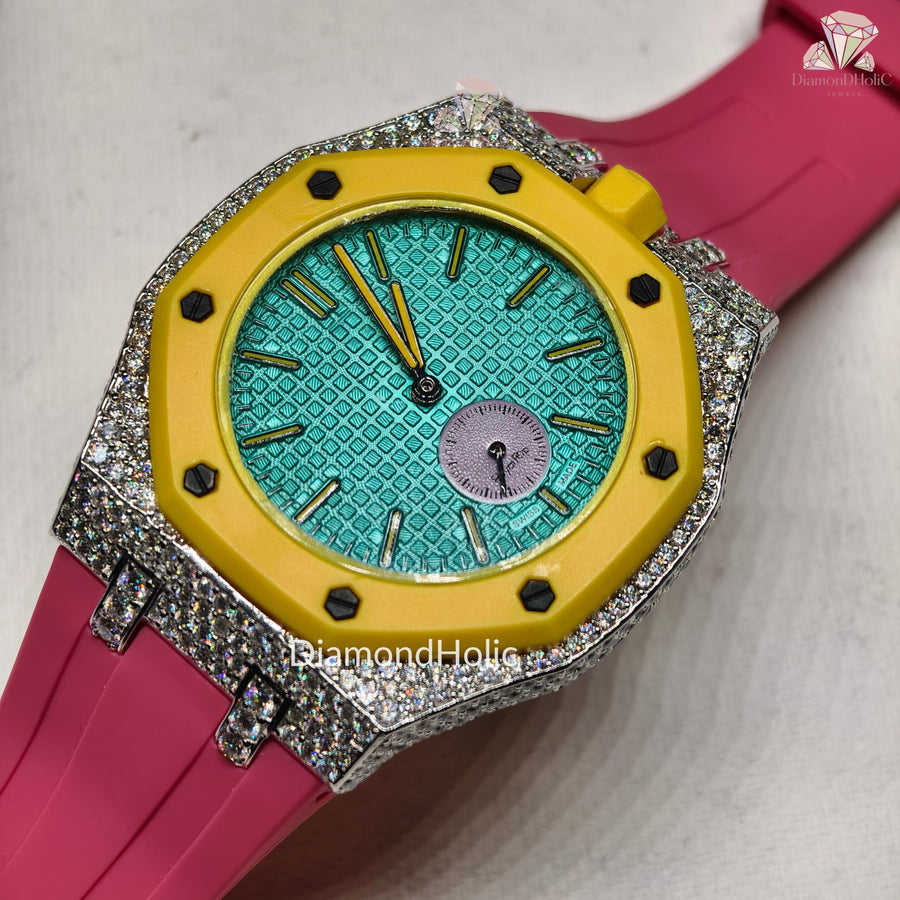 Men’s Iced Out Moissanite Watch Round Face with Two-Men’s Diamond Iced-Out Luxury Watch, Turquoise Textured Dial, Yellow Bezel, Pink Rubber Strap, Custom Hip Hop Statement WatchSteel Design