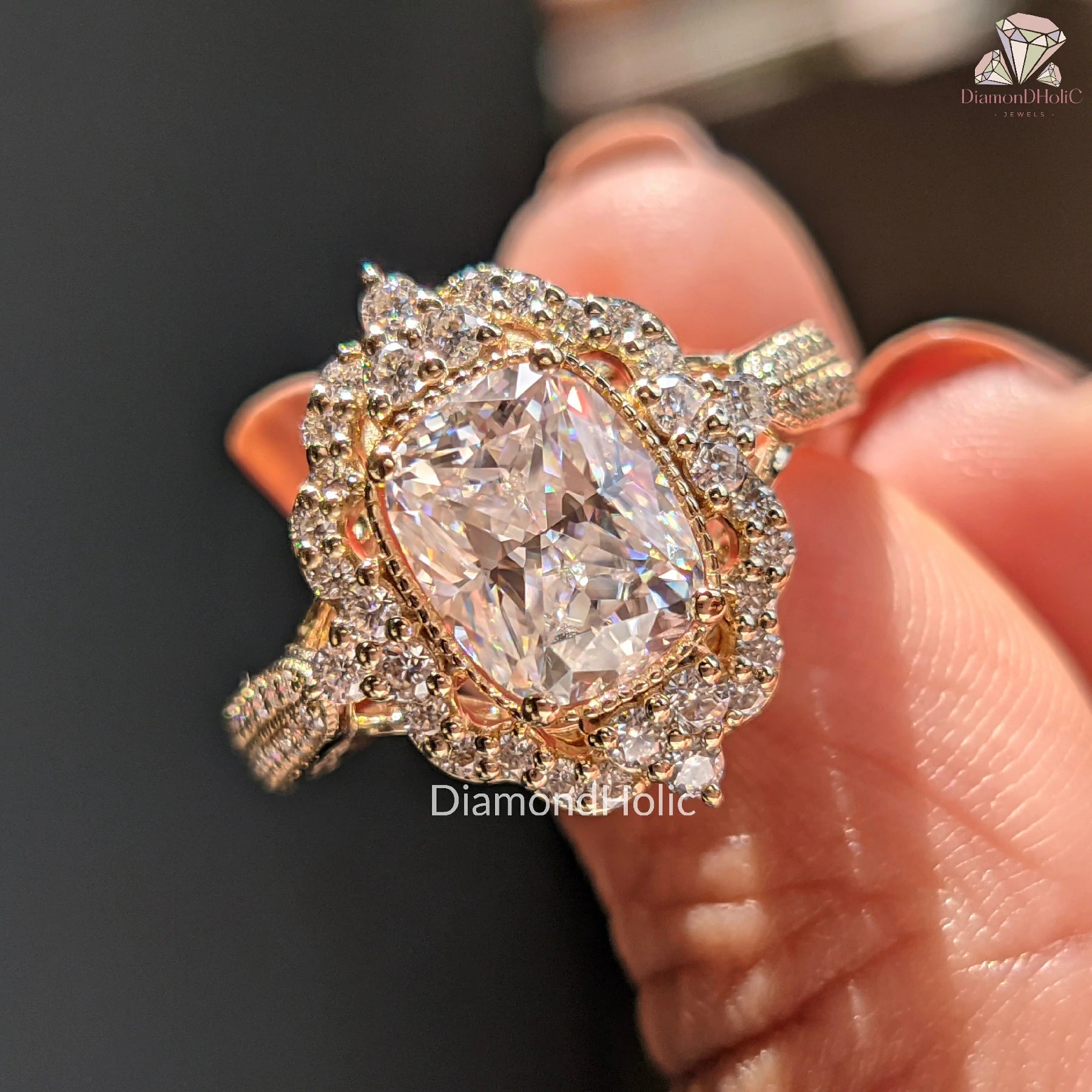 halo cushion ring | antique gold ring | scrollwork diamond ring
