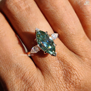 Cyan Blue Marquise Cut Moissanite Ring, Three Stone Christmas Gift For Her