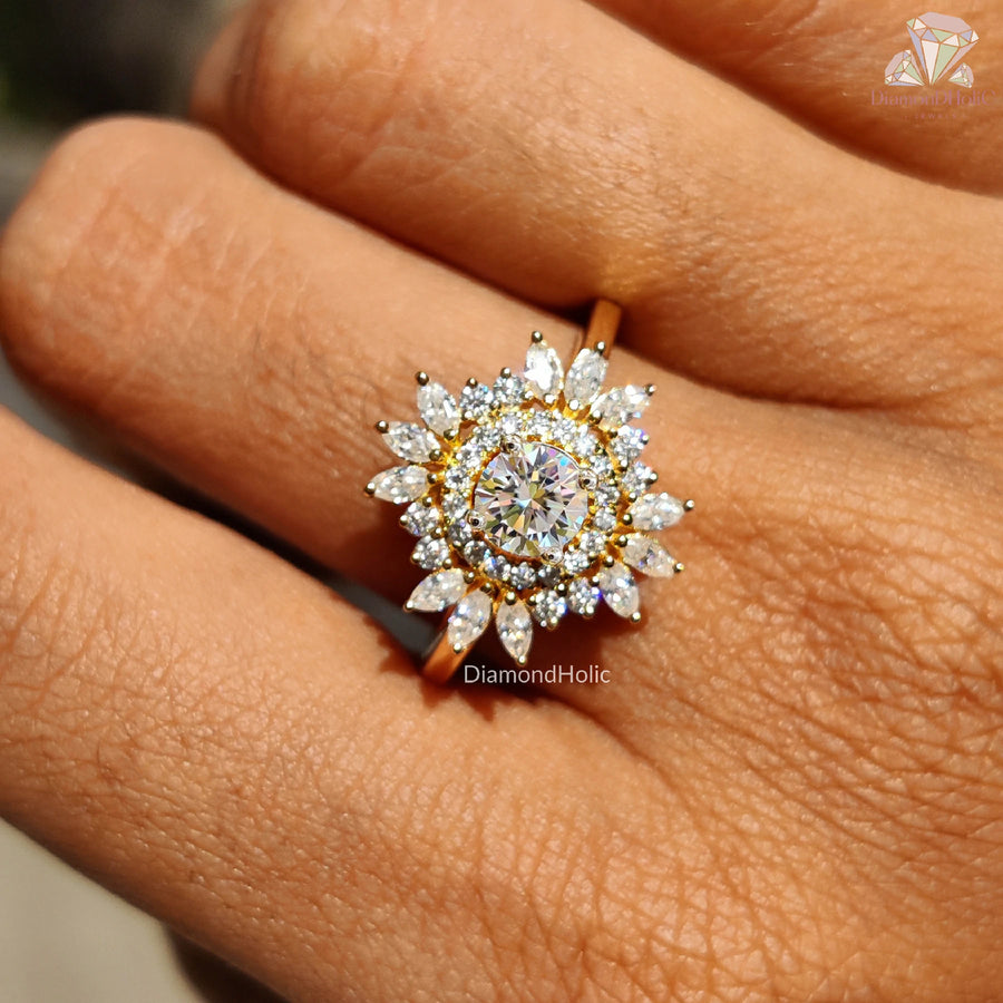 sunburst ring design | gold flower diamond ring | round moissanite ring
