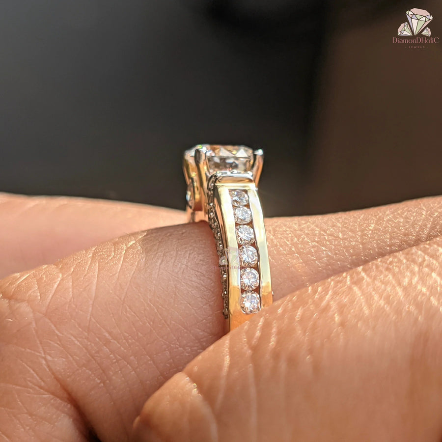Round Cut Lab Grown Diamond Channel Setting Pave Engagement Ring