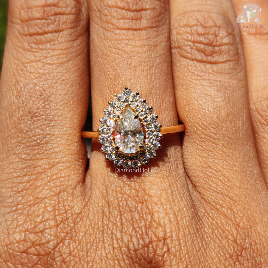 pear moissanite ring | double halo engagement ring | teardrop moissanite
