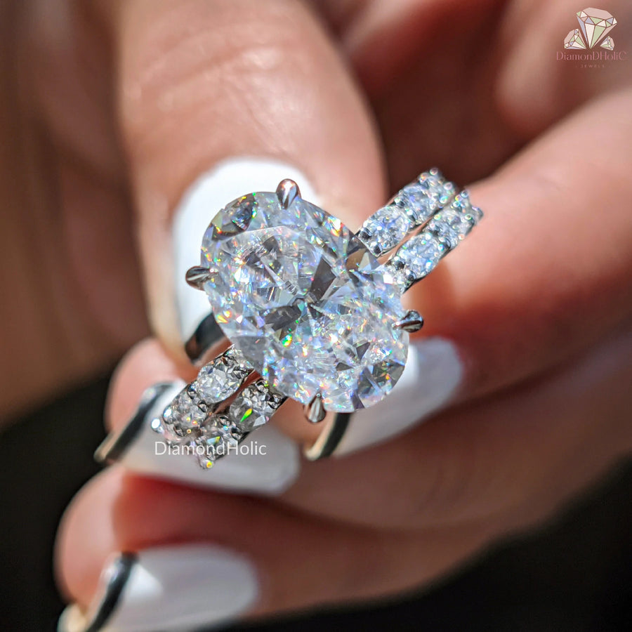 Oval Cut Moissanite Engagement Ring Set - With Matching Eternity Band