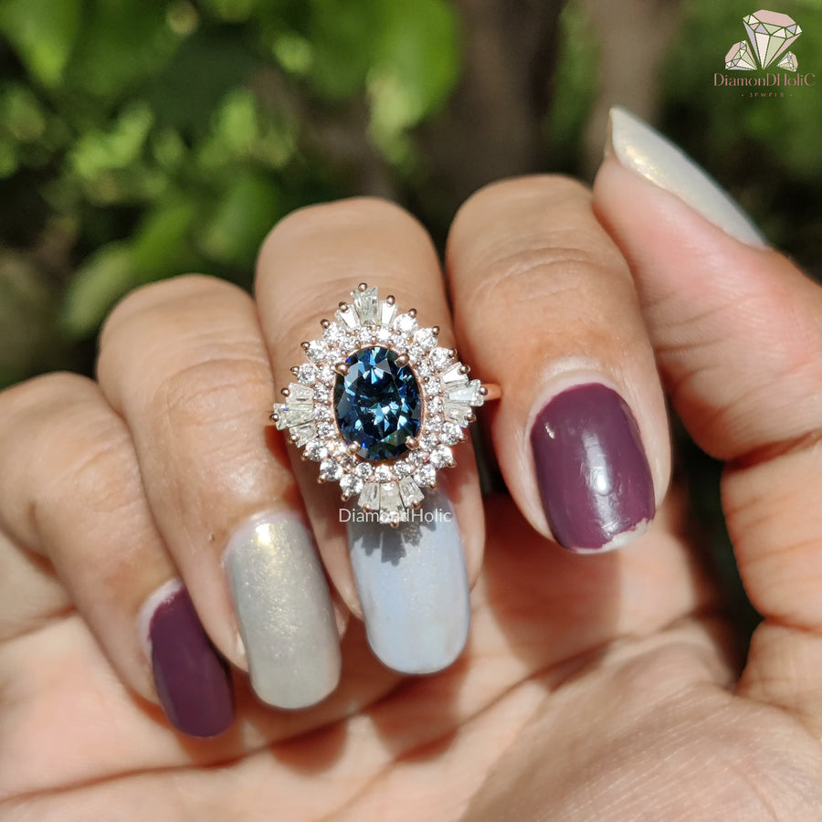 Double Halo Moissanite Ring | Sparkling Royal Blue Oval Cut
