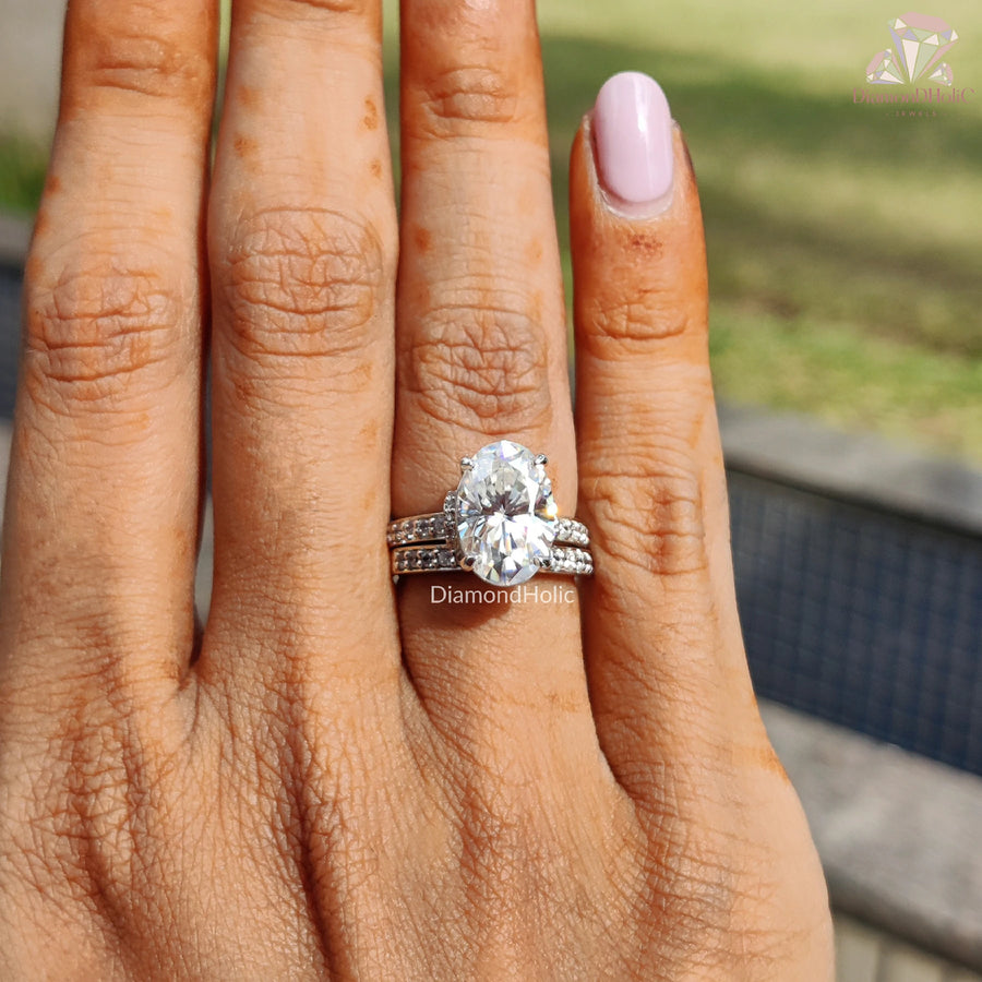 oval moissanite ring | white gold engagement ring | bridal ring set

